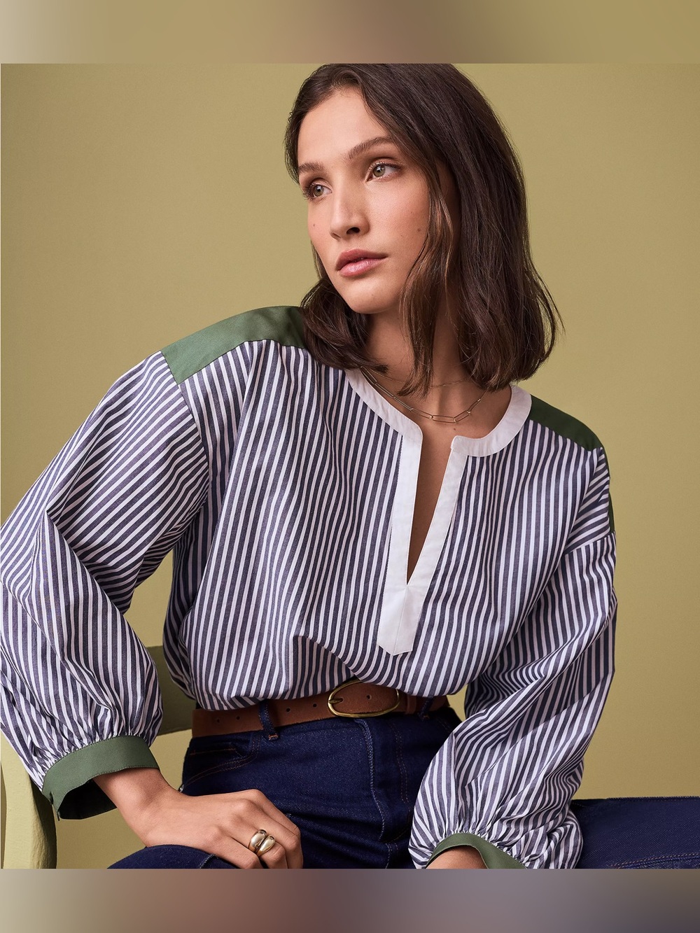 Ann Taylor‎ LOFT Striped Colorblock Poplin Bishop Sleeve Blouse Preppy Coastal L - Picture 6 of 14